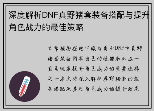 深度解析DNF真野猪套装备搭配与提升角色战力的最佳策略