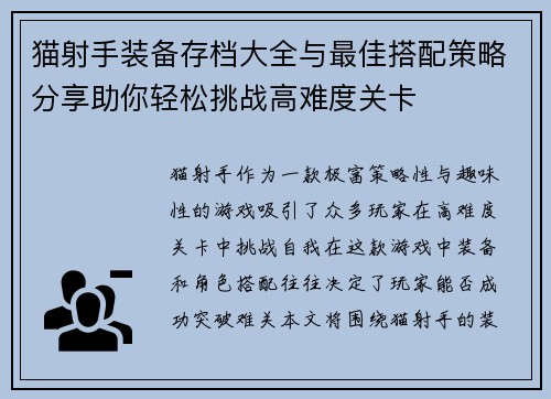 猫射手装备存档大全与最佳搭配策略分享助你轻松挑战高难度关卡